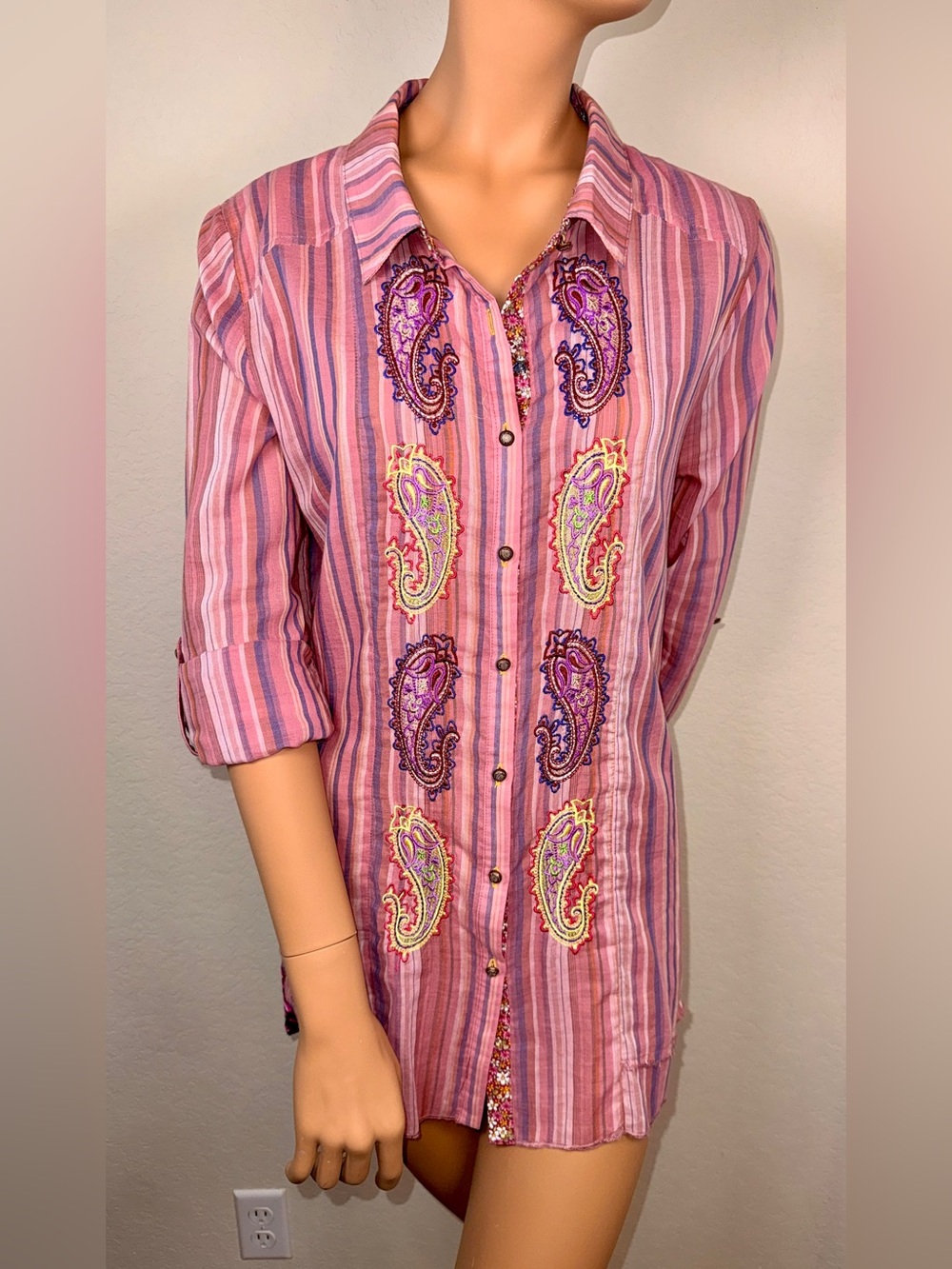 Aratta Mixed Media Embroidered Paisley Velvet Back Boho Tunic Top M (flaw)